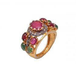 Victorian Style 925 Sterling Silver Gold Plated Diamond Ring With Rose Cut Diamond, Ruby, Emerald Stone Studded. J-788