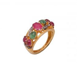 Victorian Style 925 Sterling Silver Gold Plated Diamond Ring With Rose Cut Diamond, Ruby, Emerald Stone Studded. J-789