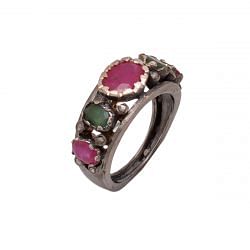 Victorian Jewelry, Silver Diamond Ring With Rose Cut Diamond And Ruby, Emerald Stone Studded In 925 Sterling Silver Black Rhodium Plating. J-791