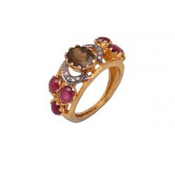 Victorian Jewelry, Silver Diamond Ring With Rose Cut Diamond, Ruby, Emerald And Sapphire In 925 Sterling Silver Gold, Black Rhodium Plating