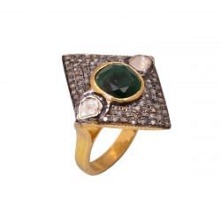 Victorian Jewelry, Silver Diamond Ring With Polki Diamond, And Emerald Stone Studded In 925 Sterling Silver, Gold Plating. J-794