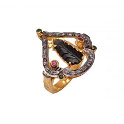Victorian Jewelry, Silver Diamond Ring With Rose Cut Diamond, Ruby, Emerald, Tourmaline Stone Studded In 925 Sterling Silver Gold, Black Rhodium Plating. J-795
