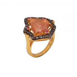 Victorian Jewelry, Silver Diamond Ring With Rose Cut Diamond, Ruby, Tourmaline Stone Studded In 925 Sterling Silver Gold, Black Rhodium Plating. J-796
