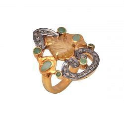 Victorian Jewelry, Silver Diamond Ring With Rose Cut Diamond, Tourmaline, Emerald Stone Studded In 925 Sterling Silver, Gold Plating. J-798