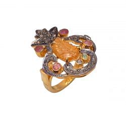 Victorian Jewelry, Silver Diamond Ring With Rose Cut Diamond, Multi Tourmaline Stone Studded In 925 Sterling Silver, Two-Tone Plating. J-800