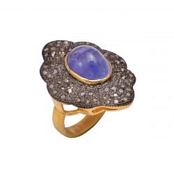 Victorian Jewelry, Silver Diamond Ring With Rose Cut Diamond And Tanzanite Stone Studded In 925 Sterling Silver, Gold Plating. J-803