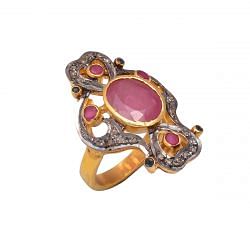 Victorian Jewelry, Silver Diamond Ring With Rose Cut Diamond And Ruby Stone Studded In 925 Sterling Silver, Gold/ Black Rhodium Plating. J-805