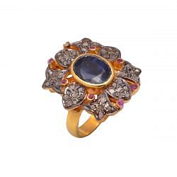 Victorian Jewelry, Silver Diamond Ring With Rose Cut Diamond Pink Tourmaline And Kyanite Stone Studded In 925 Sterling Silver Gold, Black Rhodium Plating. J-806