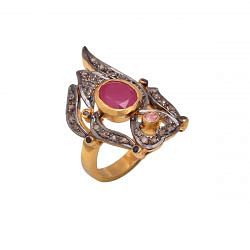 Victorian Jewelry, Silver Diamond Ring With Rose Cut Diamond, Multi Tourmaline, Pink Sapphire And Ruby Stone Studded In 925 Sterling Silver Gold, Black Rhodium Plating. J-807