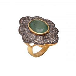 Victorian Jewelry, Silver Diamond Ring With Rose Cut Diamond, Emerald Stone Studded In 925 Sterling Silver Gold, Black Rhodium Plating. J-811