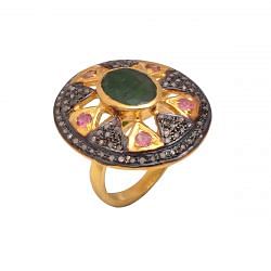 Victorian Jewelry, Silver Diamond Ring With Rose Cut Diamond, Pink Tourmaline And Emerald Stone Studded In 925 Sterling Silver Gold, Black Rhodium Plating. J-813