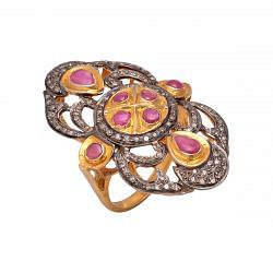Victorian Jewelry, Silver Diamond Ring With Rose Cut Diamond And Ruby Stone Studded In 925 Sterling Silver Gold, Black Rhodium Plating. J-817