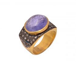 Victorian Jewelry, Silver Diamond Ring With Rose Cut Diamond, Polki Diamond, Tanzanite Stone Studded In 925 Sterling Silver Gold, Black Rhodium Plating. J-819