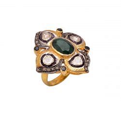 Victorian Jewelry, Silver Diamond Ring With Rose Cut Diamond, Polki Diamond, Blue Sapphire And Emerald Stone Studded In 925 Sterling Silver Gold, Black Rhodium Plating. J-820