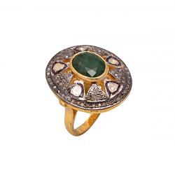 Victorian Jewelry, Silver Diamond Ring With Rose Cut Diamond, Polki Diamond And Emerald Stone Studded In 925 Sterling Silver Gold, Black Rhodium Plating. J-822