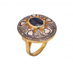 Victorian Jewelry, Silver Diamond Ring With Rose Cut Diamond, Polki Diamond And Kyanite Stone Studded In 925 Sterling Silver Gold, Black Rhodium Plating. J-824