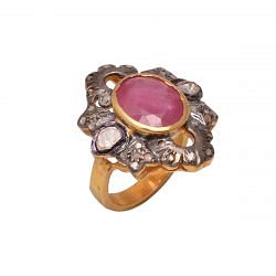 Victorian Jewelry, Silver Diamond Ring With Rose Cut Diamond, Polki Diamond And Ruby Stone Studded In 925 Sterling Silver Gold, Black Rhodium Plating. J-825