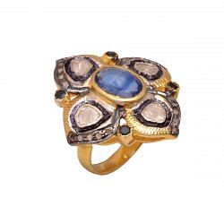 Victorian Jewelry, Silver Diamond Ring With Rose Cut Diamond, Polki Diamond, Kyanite Stone Studded In 925 Sterling Silver Gold, Black Rhodium Plating. J-828