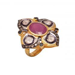 Victorian Jewelry, Silver Diamond Ring With Rose Cut Diamond, Polki Diamond, And Ruby, Kyanite Stone Studded In 925 Sterling Silver Gold, Black Rhodium Plating. J-831