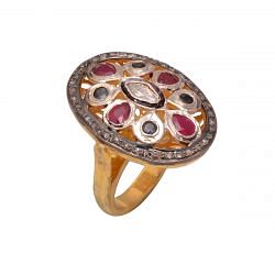 Victorian Jewelry, Silver Diamond Ring With Rose Cut Diamond, Polki Diamond, And Ruby Stone Studded In 925 Sterling Silver Gold, Black Rhodium Plating. J-833