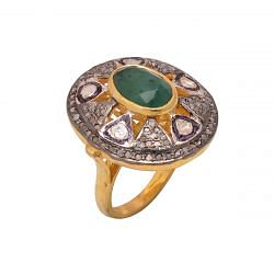 Victorian Jewelry, Silver Diamond Ring With Rose Cut Diamond, Polki Diamond And Emerald Stone Studded In 925 Sterling Silver Gold, Black Rhodium Plating. J-835