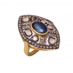 Victorian Jewelry, Silver Diamond Ring With Rose Cut Diamond, Polki Diamond And Kyanite Stone Studded In 925 Sterling Silver Gold, Black Rhodium Plating. J-841