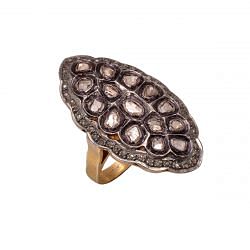 Victorian Style, Silver Diamond Ring With Polki Diamonds In Gold, Black Rhodium Plating. J-842.