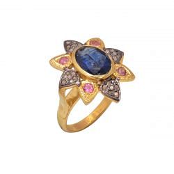 Victorian Jewelry, Silver Diamond Ring With Rose Cut Diamond, Pink Tourmaline And Kyanite Stone Studded In 925 Sterling Silver Gold, Black Rhodium Plating. J-846