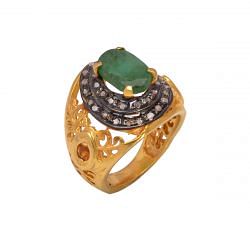 Victorian Jewelry, Silver Diamond Ring With Rose Cut Diamond And Emerald, Citrine Stone Studded In 925 Sterling Silver Gold, Black Rhodium Plating. J-852