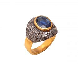Victorian Jewelry, Silver Diamond Ring With Rose Cut Diamond, And Kyanite Stone Studded In 925 Sterling Silver Gold, Black Rhodium Plating. J-853