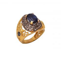 Victorian Jewelry, Silver Diamond Ring With Rose Cut Diamond, And Kyanite Stone Studded In 925 Sterling Silver Gold, Black Rhodium Plating. J-854