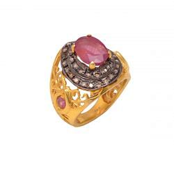 Victorian Jewelry, Silver Diamond Ring With Rose Cut Diamond And Ruby Stone Studded In 925 Sterling Silver Gold, Black Rhodium Plating. J-855