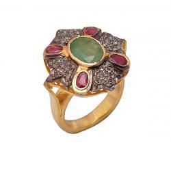 Victorian Jewelry, Silver Diamond Ring With Rose Cut Diamond And Ruby, Emerald Stone Studded  In 925 Sterling Silver Gold, Black Rhodium Plating. J-856