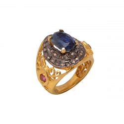 Victorian Jewelry, Silver Diamond Ring With Rose Cut Diamond And Ruby, Kyanite Stone Studded  In 925 Sterling Silver Gold, Black Rhodium Plating. J-857