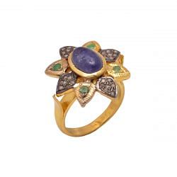 Victorian Jewelry, Silver Diamond Ring With Rose Cut Diamond,Emerald And Tanzanite  Stone Studded In 925 Sterling Silver Gold, Black Rhodium Plating. J-858