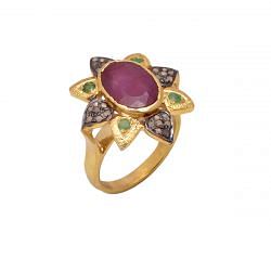 Victorian Jewelry, Silver Diamond Ring With Rose Cut Diamond,Emerald And Ruby Stone Studded In 925 Sterling Silver Gold, Black Rhodium Plating. J-860