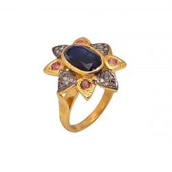 Victorian Jewelry, Silver Diamond Ring With Rose Cut Diamond, Pink Tourmaline And Kyanite Stone Studded In 925 Sterling Silver Gold, Black Rhodium Plating. J-861