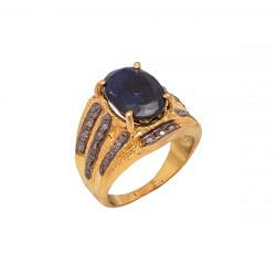 Victorian Jewelry, Silver Diamond Ring With Rose Cut Diamond And Kyanite Studded In 925 Sterling Silver Gold, Black Rhodium Plating. J-863