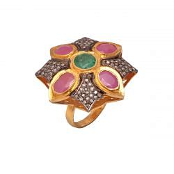 Victorian Jewelry, Silver Diamond Ring With Rose Cut Diamond, Emerald And Ruby Stone Studded In 925 Sterling Silver Gold, Black Rhodium Plating. J-864