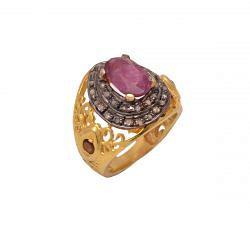 Victorian Jewelry, Silver Diamond Ring With Rose Cut Diamond, And Ruby Stone Studded In 925 Sterling Silver Gold, Black Rhodium Plating. J-865