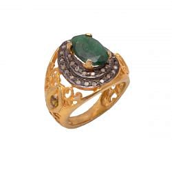 Victorian Jewelry, Silver Diamond Ring With Rose Cut Diamond, And Emerald, Citrine Stone Studded  In 925 Sterling Silver Gold, Black Rhodium Plating. J-867