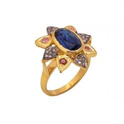 Victorian Jewelry, Silver Diamond Ring With Rose Cut Diamond, Pink Tourmaline And Kyanite  Stone Studded In 925 Sterling Silver Gold, Black Rhodium Plating. J-868