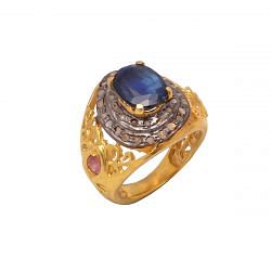 Victorian Jewelry, Silver Diamond Ring With Rose Cut Diamond, Pink Tourmaline And Kyanite Stone Studded  In 925 Sterling Silver Gold, Black Rhodium Plating. J-869
