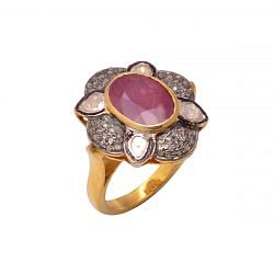 Victorian Jewelry, Silver Diamond Ring With Polki Diamond And Ruby Stone Studded  In 925 Sterling Silver With Gold Plating. J-883