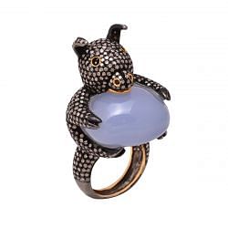 Victorian Jewelry, Silver Diamond Ring With Rose Cut Diamond And Chalcedony Stone Studded  In 925 Sterling Silver With Gold  Plating. J-884
