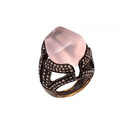 Victorian Jewelry, Silver Diamond Ring With Rose Cut Diamond And Rose Quartz studded In 925 Sterling Silver In Black Rhodium Plating. J-888