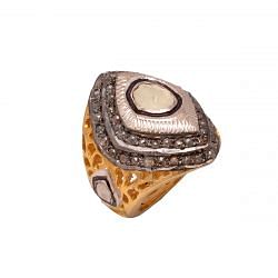 Victorian Jewelry, Silver Diamond Ring With Rose Cut Diamond And Polki Diamond Studded In 925 Sterling Silver Gold, Black Rhodium Plating. J-893