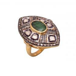 Victorian Jewelry, Silver Diamond Ring With Rose Cut Diamond And Polki Diamond,  Emerald Stone Studded In 925 Sterling Silver Gold, Black Rhodium Plating. J-900