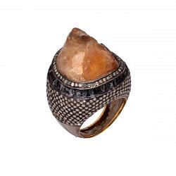 Victorian Jewelry, Silver Diamond Ring With Rose Cut Diamond And Citrine Stone Studded In 925 Sterling Silver Black Rhodium Plating. J-904