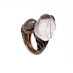 Victorian Jewelry, Silver Diamond Ring With Rose Cut Diamond And Black Rutile Quartz  Studded In 925 Sterling Silver Black Rhodium Plating. J-906
